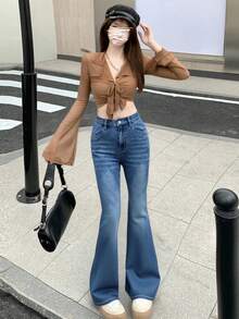 DAZY Women's High Waist Pocket Flare Casual Versatile Jeans