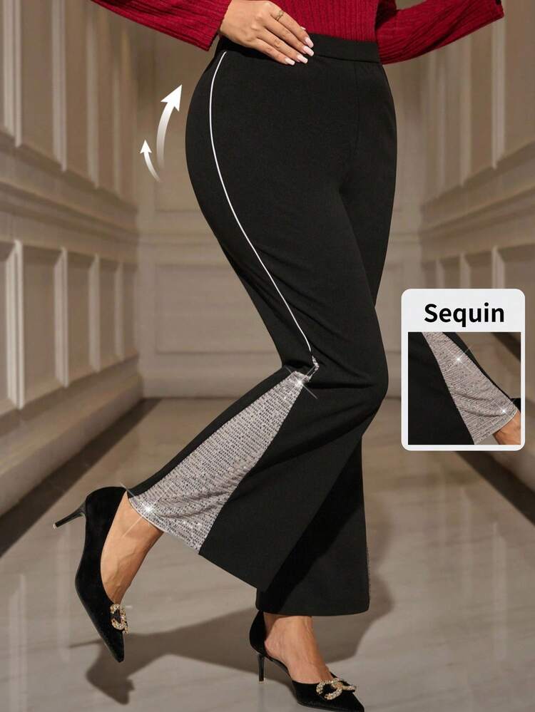 Pantalones casuales con decoración de lentejuelas de talla grande para Navidad y Año Nuevo, pantalones elegantes y estilosos para mujeres, colección estilosa de pantalones con lentejuelas negras para mujeres en invierno, leggings acampanados con lentejuelas para mujeres
