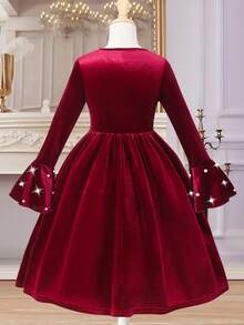 Glamorique Kids Girls' Burgundy Velvet Pearl Embellished Big Bow Decor Flare Sleeve Dress, Sweet & Elegant For Christmas Party & New Year - Burgundy - View 2