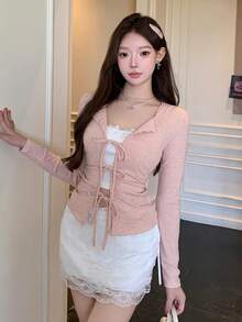 DAZY Áo thun dài tay buộc nơ màu trơn thanh lịch dành cho nữ, mùa thu - Hồng - Xem 8