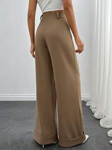 EURMUSE Women Solid Color High Waist Wide Leg Pants - Brown - View 2
