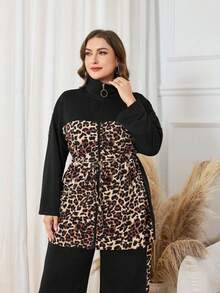 Modelyn Pantalon long femme à taille cintrée avec imprimé léopard et patchwork, ensemble deux pièces polyvalent pour un port quotidien, grande taille, automne/hiver - Multicolore - Voir 5