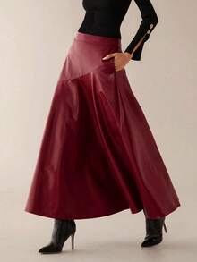 Lilora 女士休闲通勤纯色PU皮A字裙 - 酒紅色 - 查看 3