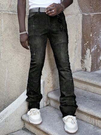 Street Life Men's Sparkling Diamond Layered Pocket Casual Versatile Jeans