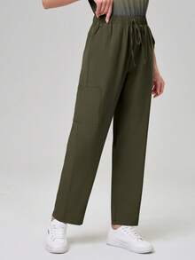 TaskEZ Conjunto de uniforme de scrubs con top de manga corta en degradado y pantalones de unicolor - Verde militar - Ver 4