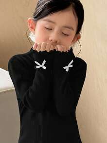 SHEIN 女童小女孩立領寬鬆休閒3D蝴蝶結秋季毛衣，女童服飾，幼兒毛衣，女童冬季衣物，女童毛衣 - 黑色 - 查看 3