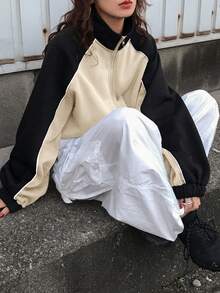 FRIFUL Women's Contrast Color Short Zip Up Loose Fit Jacket, Long Sleeve - Apricot - View 2
