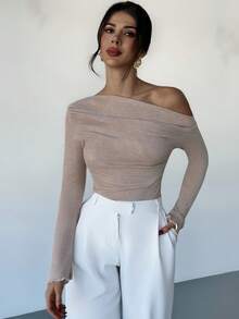 Firerie Áo thun dài tay cổ bẻ phối gân thời trang cho nữ, áo thun bất đối xứng, áo thun màu trơn, áo hở vai, áo hở vai, áo thun đa năng nhún bèo, phù hợp mặc mùa xuân, hè, thu, đông, thanh lịch, đi làm, thường ngày, hàng ngày, tối giản, công sở - Màu Khaki - Xem 8