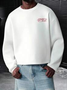 Manfinity Homme Sweatshirt Pullover Lengan Panjang Kerah Bulat Bahu Longgar Bordir Slogan Pria Ukuran Besar, Putih dan Merah, Musim Gugur, Pakaian Jalanan, Liburan, Kembali ke Sekolah - Putih - View 2