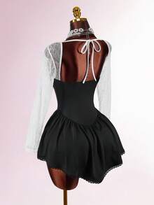 Amplova Black And White,Autumn,Elegant,Goth,Night Out Fitted Semi-Sheer Heart-Shaped Bust Long Sleeve Bodycon Mini Dress,Open Back & Criss-Cross Corset Dress - Black - View 7
