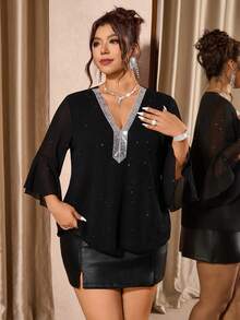 Cravure Plus Size Women Luxury Elegant Asymmetrical Sleeve Sequin Patchwork Top Fall - Black - View 3