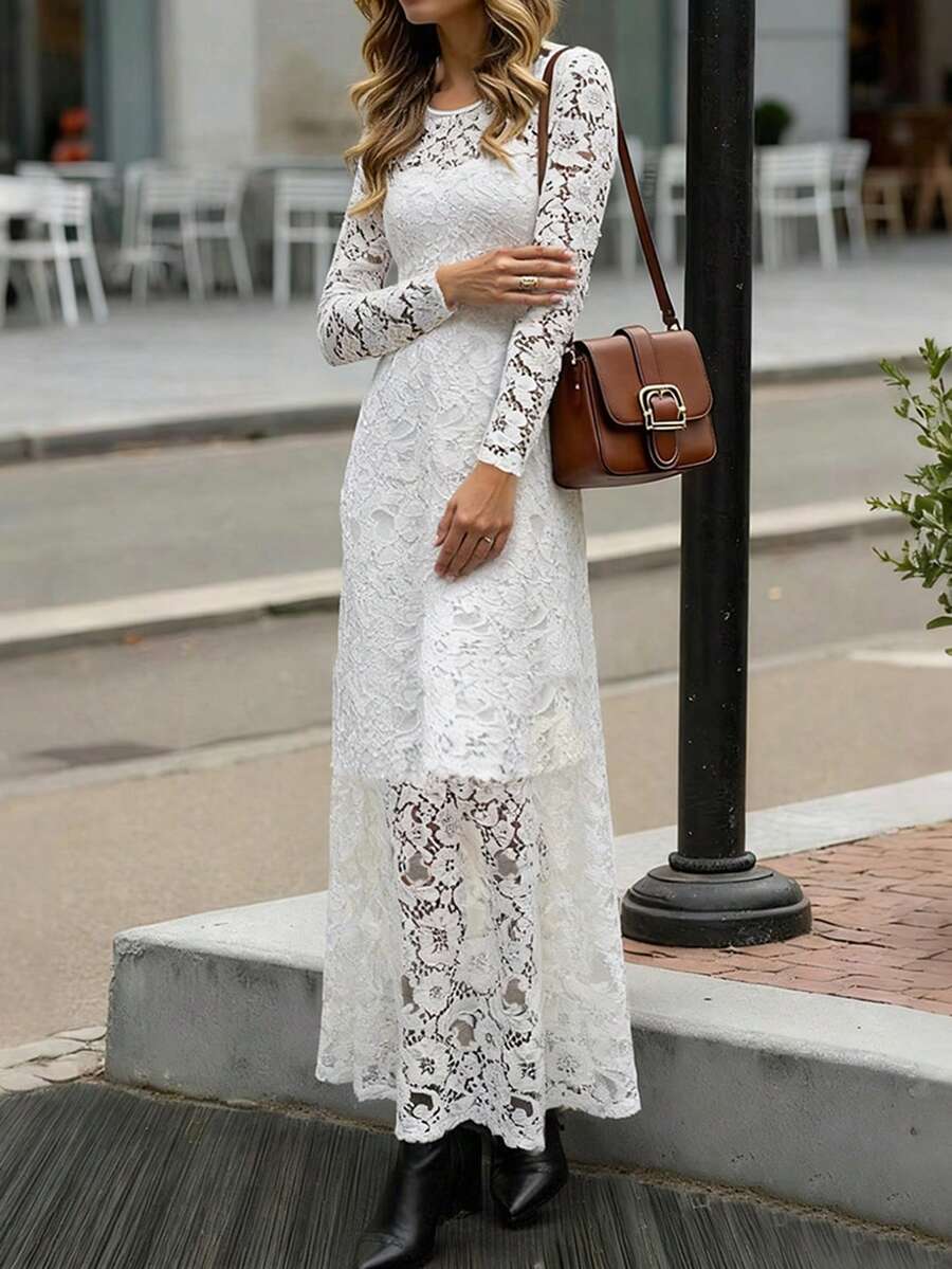 EMERY ROSE Vestido longo feminino branco de malha com renda, manga comprida, decote redondo, estilo casual e formal. Elegante. - Branco - Ver 1