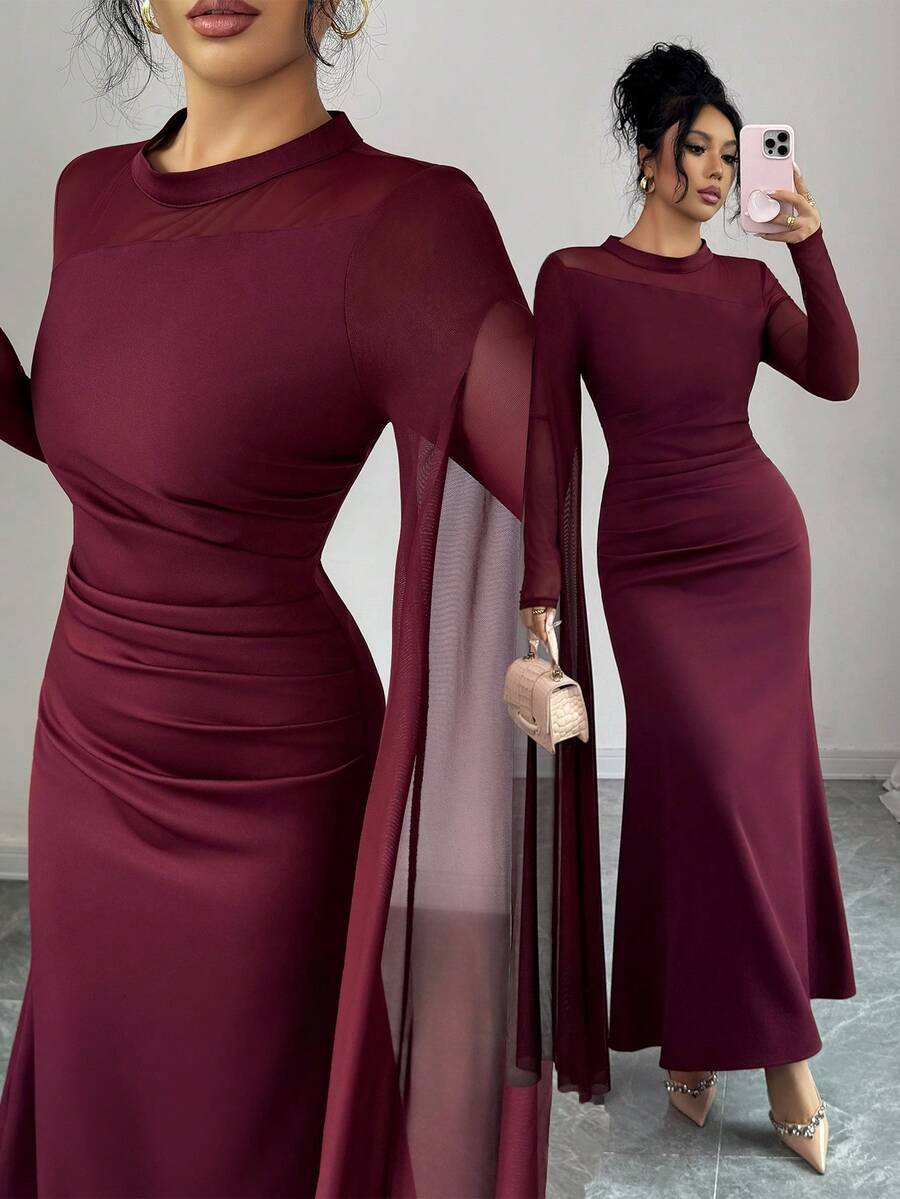 SHEIN Clasi Women's Elegant Romantic Mesh Patchwork Waist Ruched Bodycon Dress With Long Sleeves And Tie, Suitable For Commute, Vacation, Afternoon Tea