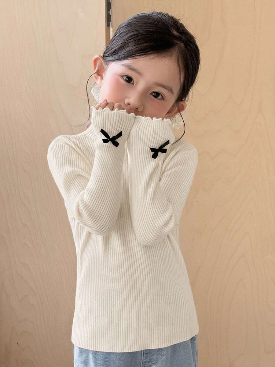 SHEIN 女童立领宽松休闲3D蝴蝶结装饰毛衣,女童服装,幼儿毛衣,女童冬装,女童毛衣 - 杏色 - 查看 1