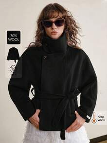 Ontre 女士羊毛混纺实用风格立领羊毛混纺夹克，都市通勤商务休闲装，优雅办公室着装，女士春夏毛衣，适合情人节派对和聚会 - 黑色 - 查看 2