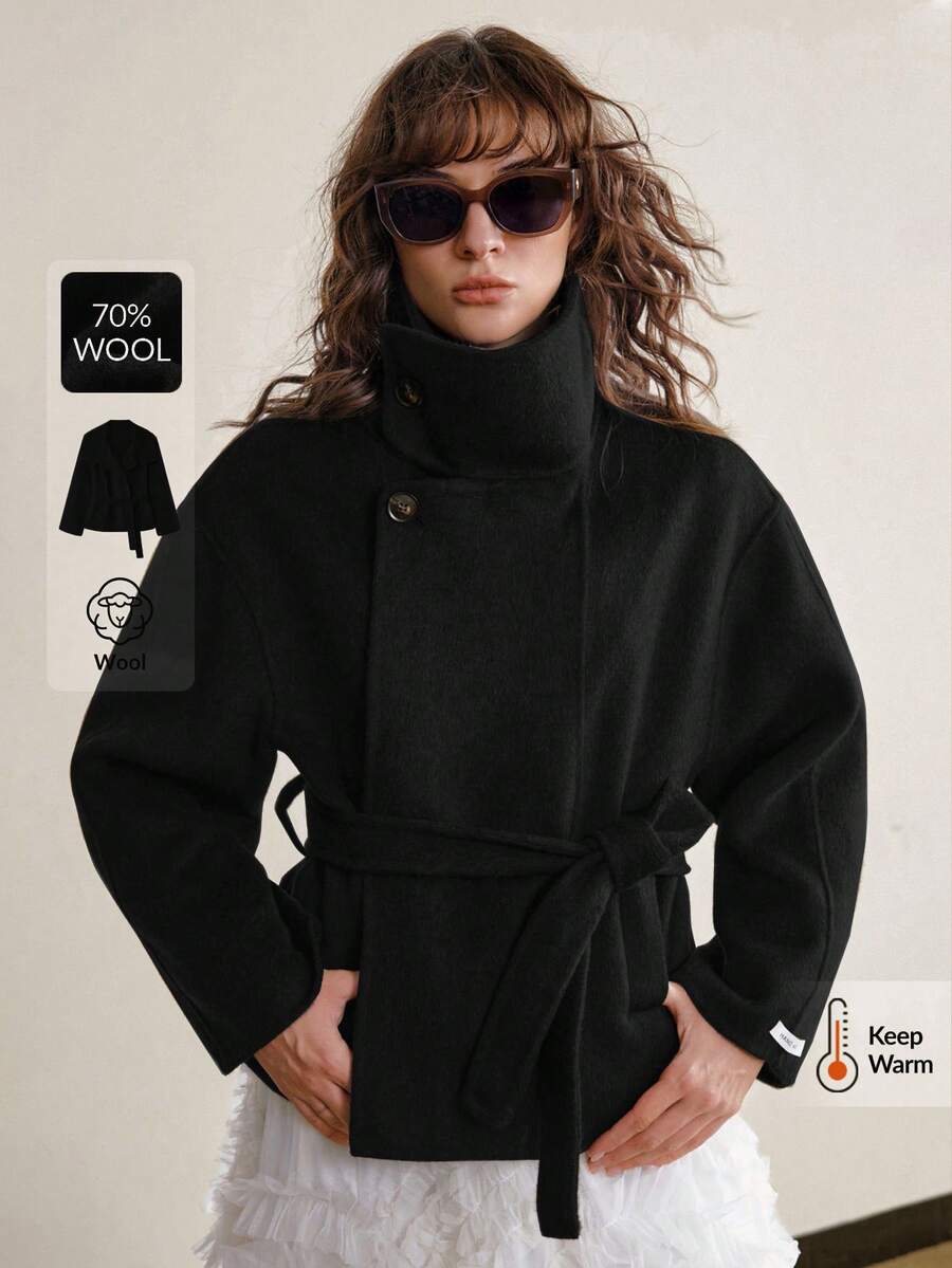 Ontre 女士羊毛混纺实用风格立领羊毛混纺夹克，都市通勤商务休闲装，优雅办公室着装，女士春夏毛衣，适合情人节派对和聚会