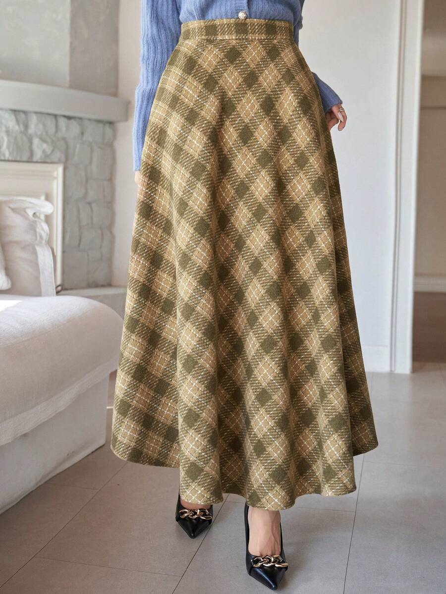 DAZY Women's High Waist Plaid Retro A-Line Skirt - Green - View 1
