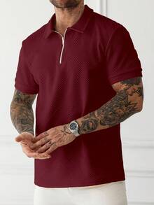 Manfinity Homme 男士純色半門襟短袖休閒夏季 Polo 衫上衣 拉鍊襯衫 酒紅色 正式款 - 酒紅色 - 查看 4