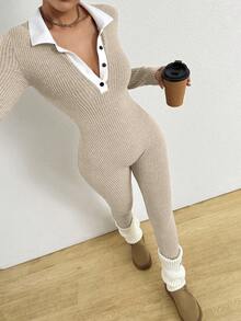 Gloray Women's Solid Color Ribbed Knit Turtleneck Long Sleeve Jumpsuit, Sports Casual Compression Leggings, Suitable For Spring And Autumn - Apricot - View 7