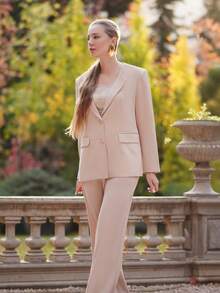 2pcs Women Old Money Loose Camel Suit Jacket + Straight Leg Suit Pants Formal Suit Set - Camel - View 2