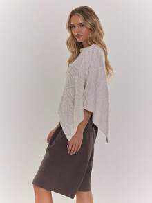 MUSERA Cable Knit Cape Poncho Top Cute Cosy Everyday Autum Winter Holidays Festive - Cream - View 4