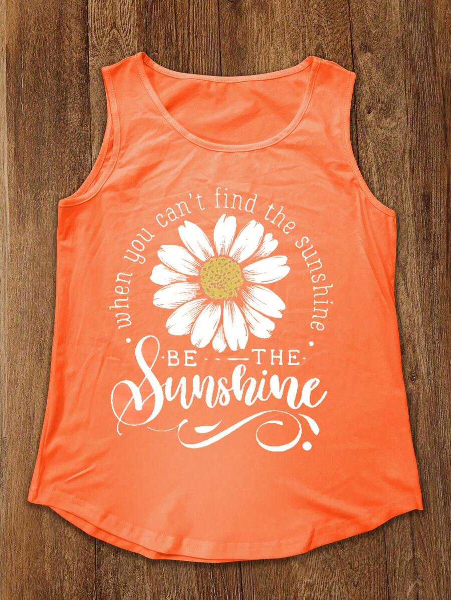 INAWLY Summer Women's Sleeveless Top With Letter And Flower Patterns When You Can't Find The Sunshine BE THE Sunshine Graphic Tees Women Tops - Orange - View 1