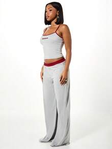 SUMWON WOMEN Women's Heather Grey Camisole Tank Top And Wide Leg Palazzo Pants Lounge Co-Ord Set With Logo Print Two Piece Matching Sleepwear Comfort Set - Grey - View 4