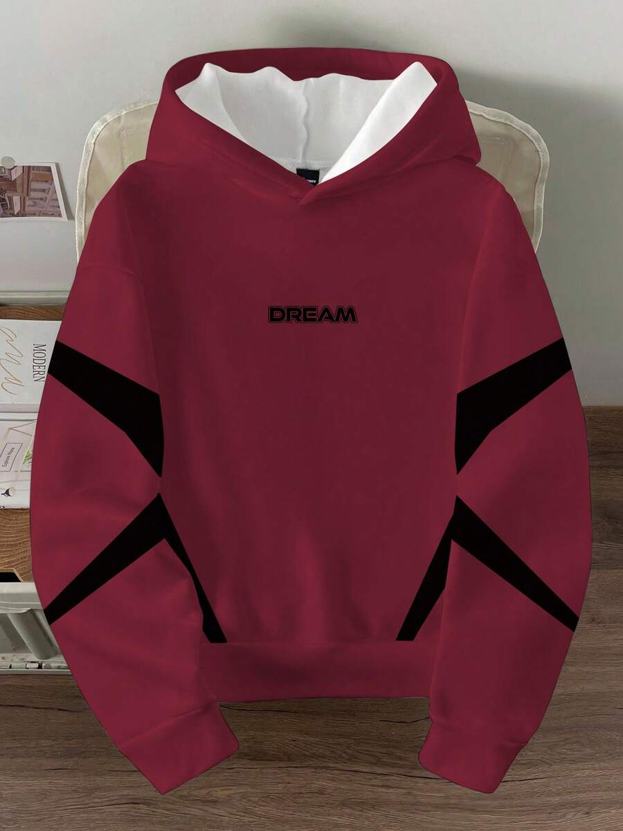 Manfinity Hypemode Sudadera con capucha de manga larga con estampado de color contrastante para hombre - Rojo - Ver 1