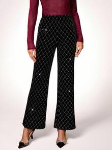 SHEIN Clasi Quần nhung đen cạp cao thanh lịch đính đá Rhinestone cho nữ, thích hợp mặc dự tiệc, mặc hàng ngày và nhiều dịp khác nhau, mùa thu/đông - màu đen - Xem 3