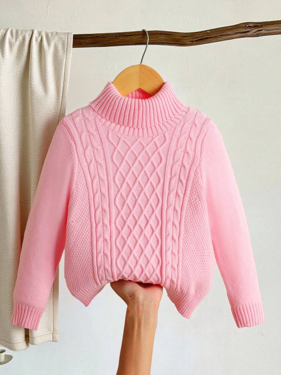 SHEIN LMoss Kids 年轻女孩纯色立领修身休闲毛衣 - 淺粉色 - 查看 1