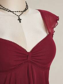 SHEIN ICON 大码女式褶皱前片修身性感网纱拼接荷叶袖露背休闲度假短款背心，秋季返校季