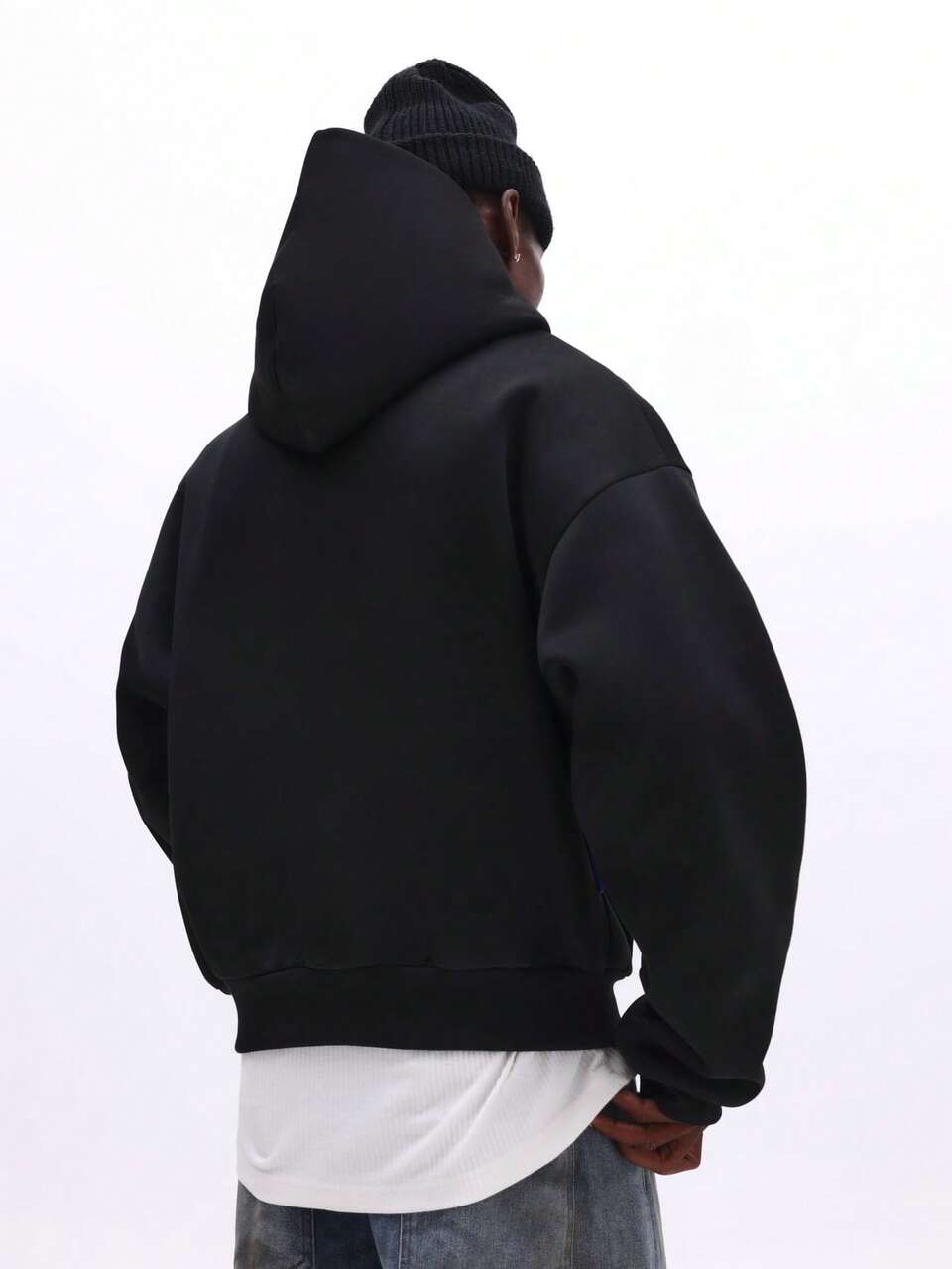 SUMWON Regular Men's Black Pullover Hoodie With Blue Brand Logo Chest Print Centre Pocket Casual Streetwear Fall Winter Plain
