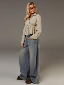 Athîral Women's Solid Color Long Sleeve Drawstring Waist Casual Cropped Shirt, Khaki Top - Apricot - View 5