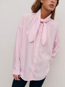 Nöista Elegant Striped Blouse With A Statement Neck Bow And Button Front. For Festive Resort And Going Out Event Day, Spring Summer Looks. - Pink - View 3