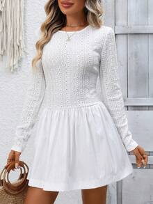 EMERY ROSE Rochie unică de prințesă cu mânecă lungă, model bufant, din dantelă, de înaltă calitate, cu model patchwork, rochie albă, elegantă, franțuzească, cu mânecă lungă, cu talie strânsă, rochie de seară de lux, nouă pentru primăvară, rochie tricotată cu design distinctiv de nișă, fustă elegantă și bufantă, rochie mini pentru ținută de ziua de naștere - alb - Vizualizare 1