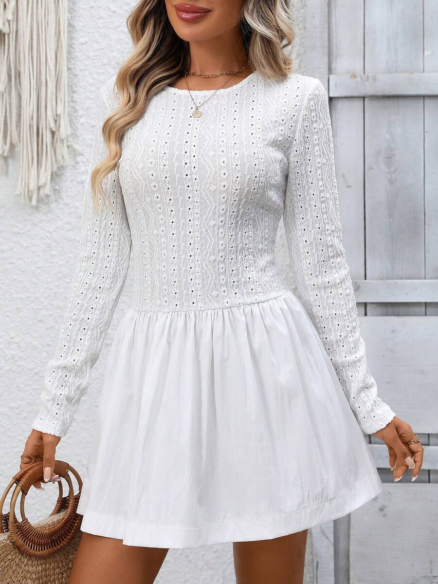 EMERY ROSE Rochie unică de prințesă cu mânecă lungă, model bufant, din dantelă, de înaltă calitate, cu model patchwork, rochie albă, elegantă, franțuzească, cu mânecă lungă, cu talie strânsă, rochie de seară de lux, nouă pentru primăvară, rochie tricotată cu design distinctiv de nișă, fustă elegantă și bufantă, rochie mini pentru ținută de ziua de naștere - alb - Vizualizare 1