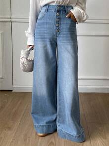 DAZY Women's High Waist Loose Distressed Wide Leg Jeans - Blue - View 3