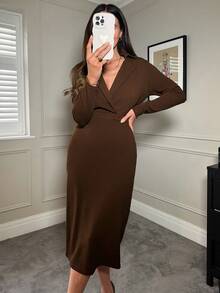 Editum Women's Brown Lapel Collar Mid-Length Winter Dress New Year Thanksgiving Sexy Dress - Brown - View 12