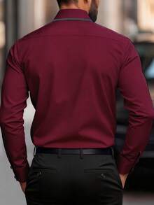Manfinity Bizformal 男士休闲商务撞色纽扣长袖衬衫 - 酒紅色 - 查看 2