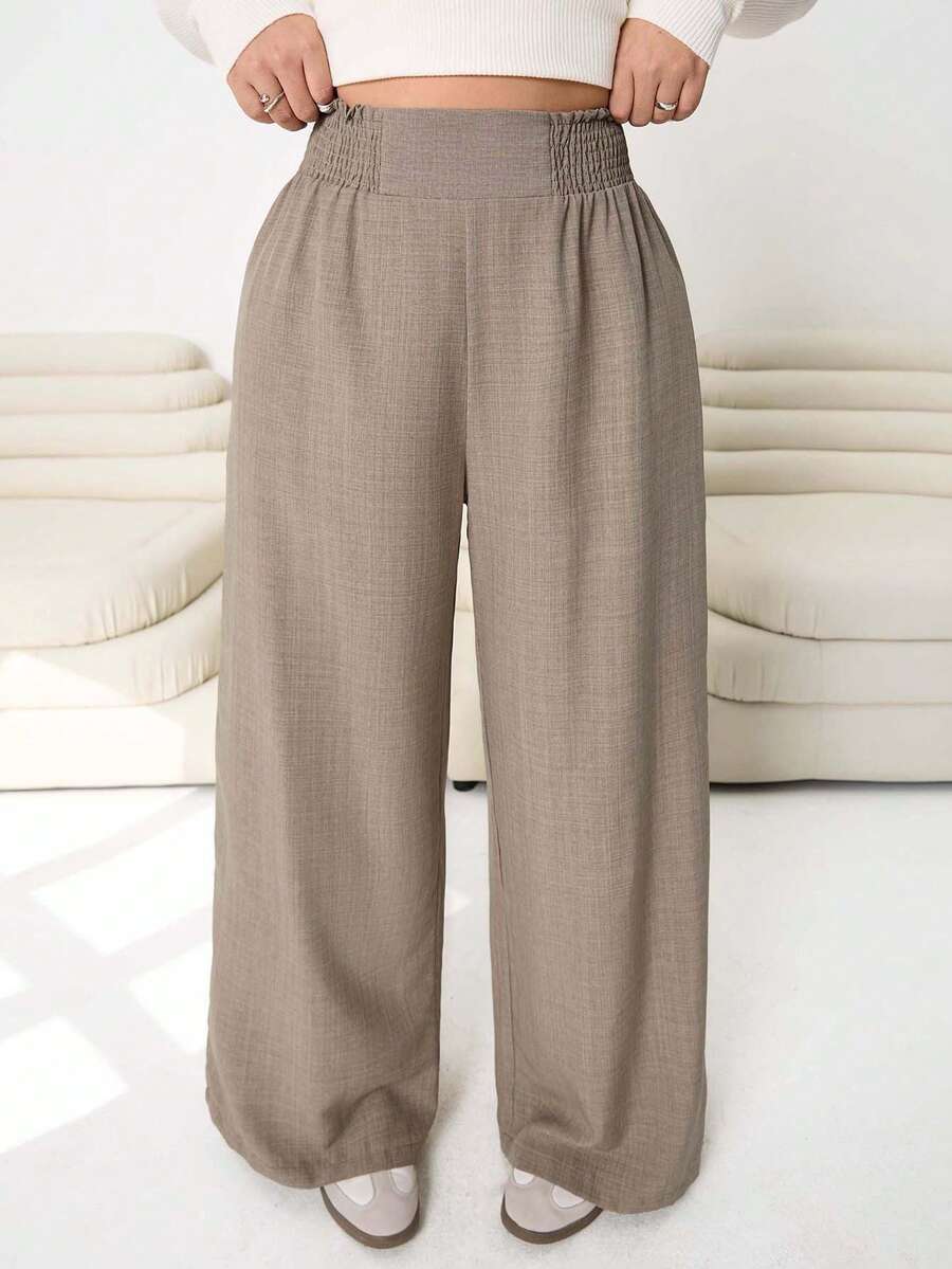 SHEIN EZwear 2026春夏新款休闲日常出行、聚会、通勤、返校、约会、居家、生日派对等多种场合皆宜的宽松弹力腰阔腿裤，米色，大码 - 卡其色 - 查看 1