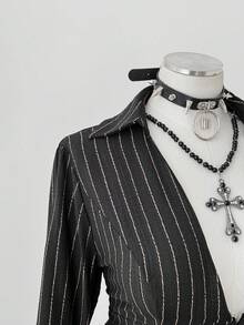 Sunspun Áo sơ mi kẻ sọc cổ chữ V sâu thời trang đi làm cỡ lớn cho nữ - màu đen - Xem 6