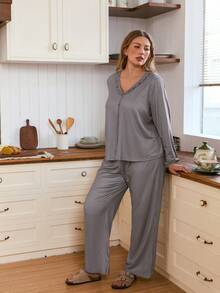 SHEIN Doze Lane Bộ đồ ngủ dài tay cổ chữ V kẻ sọc viền bèo nhún cỡ lớn cho nữ - Nhiều màu - Xem 2