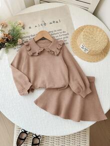 SHEIN Young Girl Casual Solid Color Ruffle Collar Long Sleeve Sweater And Knitted Mini Skirt Set, Autumn/Winter - Camel - View 5