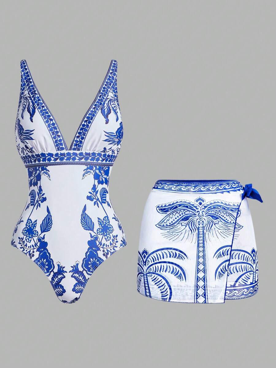 Swim Oasis 女士优雅休闲波西米亚风中式蓝白热带棕榈树花卉印花连体泳衣及沙滩罩衫套装，适合海滩度假