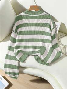 Chiquease Round Neck Long Sleeve Striped Simple Sweater, Casual Daily Wear Knit Pullover Fall Winter Outfit