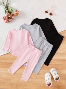 SHEIN Playful Pals 6件套可爱女童春秋季罗纹面料蝴蝶结印花/蝴蝶结满印/纯色玫红色长袖弧形下摆T恤和修身长裤休闲时尚套装 - 彩色 - 查看 2