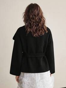 Ontre 女士羊毛混纺实用风格立领羊毛混纺夹克，都市通勤商务休闲装，优雅办公室着装，女士春夏毛衣，适合情人节派对和聚会 - 黑色 - 查看 4