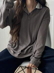 FRIFUL Schwarzes Damen-T-Shirt mit Kontrastkragen, strukturiertem Stoff, Drop Shoulder, langen Ärmeln, lockerem Schnitt und vielseitigem Design, Herbst