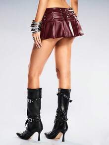 ROMWE Avant Music Festival PU Punk Rivet Decorated Ultra-Low Waist Pleated Women's Mini Skirt - Red - View 9