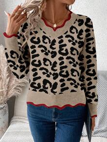 EMERY ROSE Women's Casual V-Neck Distressed Sweater, Suitable For Autumn/Winter New Year Party - Khaki - View 4